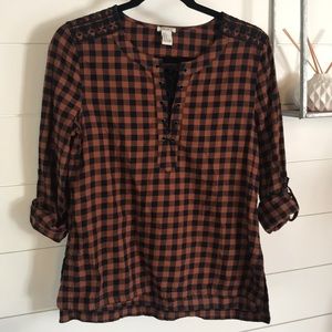 F21 Brown & Blue Cross Chest High Low Plaid Top-S